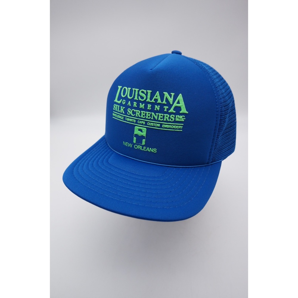 Vintage Snapback Trucker Hat Cap Louisiana Garment Blue Foam Mesh Speedway